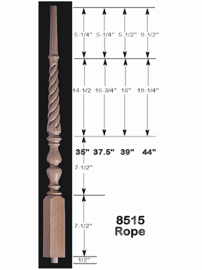 8515R 39" Rope Twist Jefferson Baluster Dimensional Information