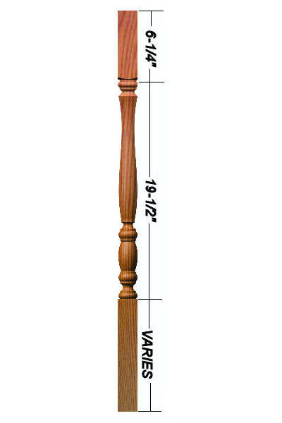 R-2300 36" Reeded Utah Classic Square Top Baluster (Plain Version Illustrated) Dimensional Information