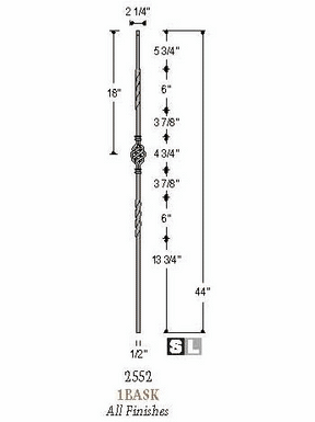 2552-LT Single Basket Tubular Steel Baluster Dimensional Information