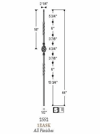 2552-LT Single Basket Tubular Steel Baluster Dimensional Information