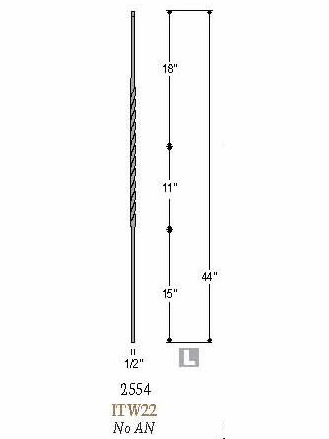 2554 1/2" X 44" Long Twist Stair Baluster Dimensional Information