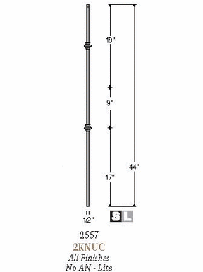 2557-LT Lite Tubular Steel Double Knuckle Baluster, 12mm Dimensional Information