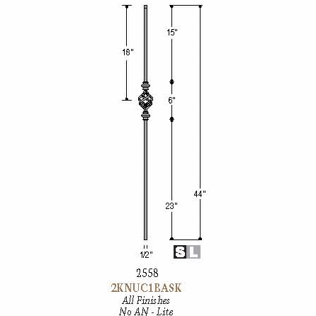 2558 1/2" x 44" Double Knuckle with Basket Stair Baluster, Dimensional Information