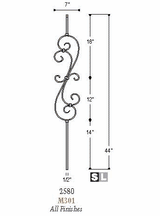 M30144 Solid Iron Large Feathered S-Scroll Dimensional Information