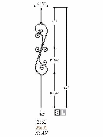 2581 Skinny Iron S-Scroll 5-1/2-inch Wide Baluster Dimensional Information