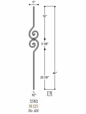 2582-LT Lite Spiral Scroll Tubular Steel Baluster, 12mm Dimensional Information