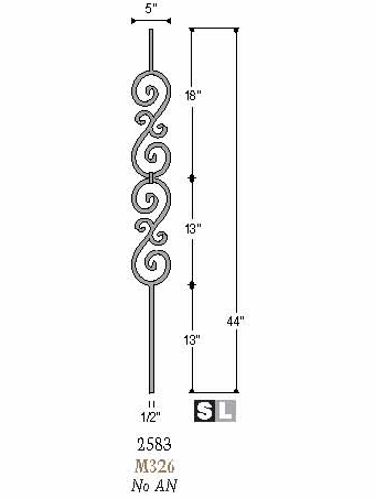 2583-LT Double Scroll Hollow Tubular Steel Baluster, 5-inch wide, 12mm Dimensional Information