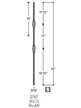 2767 Mediterranean Double Beehive Hammered Iron Stair Baluster Dimensional Information
