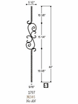 2797 Mediterranean Three Piece Scroll Forged Iron Baluster Dimensional Information