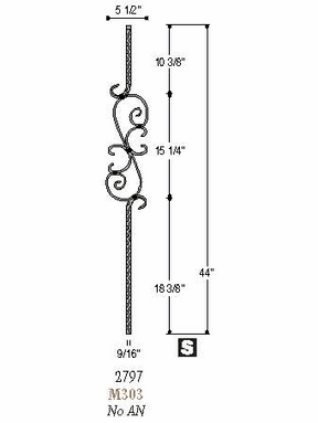 2797 Mediterranean Three Piece Scroll Forged Iron Baluster Dimensional Information