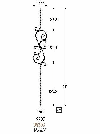 2797 Mediterranean Three Piece Scroll Forged Iron Baluster Dimensional Information
