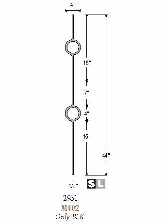 2931 Double Ring Designer Baluster, in solid iron or tubular steel, 12mm Dimensional Information