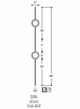 2931 Double Ring Designer Baluster, in solid iron or tubular steel, 12mm Dimensional Information