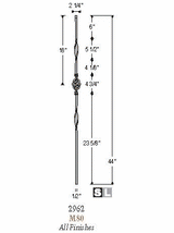 2962 Single Basket Double Ribbon Tubular Steel Iron  Baluster, 12mm Dimensional Information