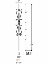 2583-LT Double Scroll Hollow Tubular Steel Baluster, 5-inch wide, 12mm Dimensional Information