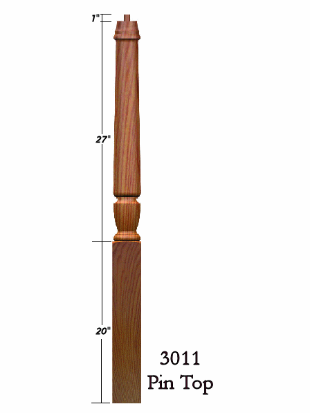 3011 48" Pin Top Bunker Hill Starting Newel Post, Dimensional Information