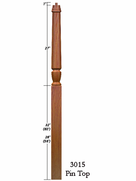 3015 Plain Bunker Hill Gooseneck Landing Newel Post, 3-1/2" x 56" or 60", Dimensional Information