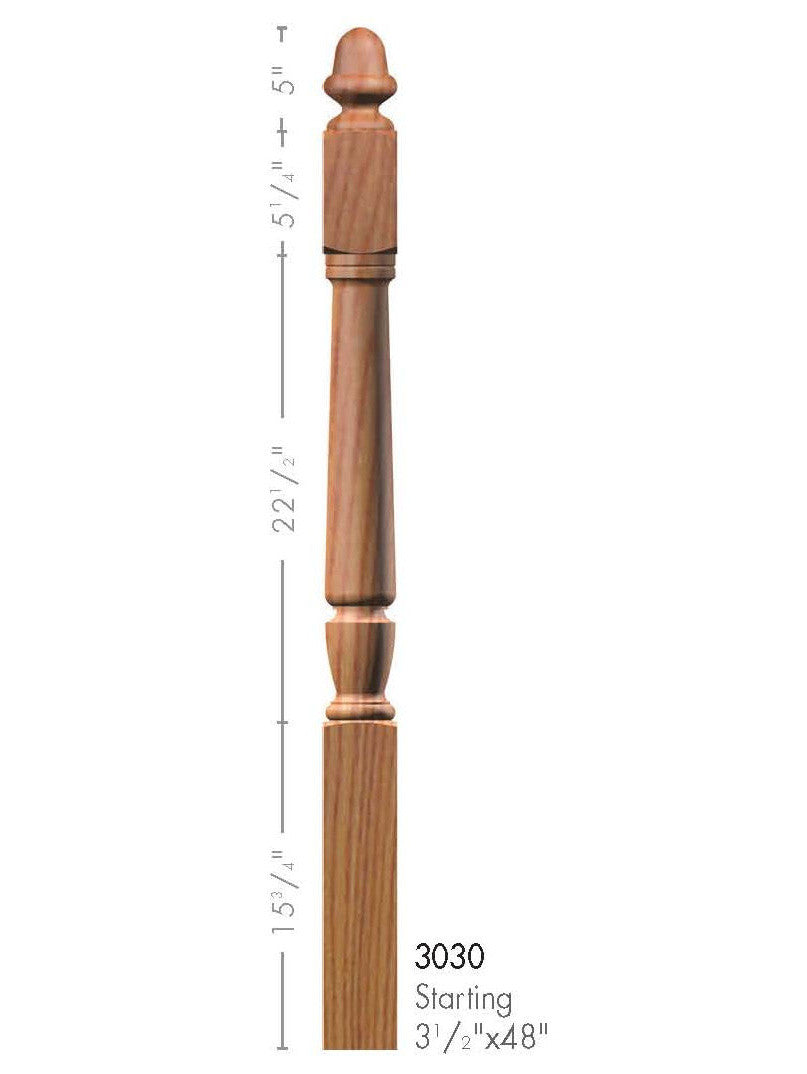 3030 Acorn Top Starting Newel Post Dimensional Information