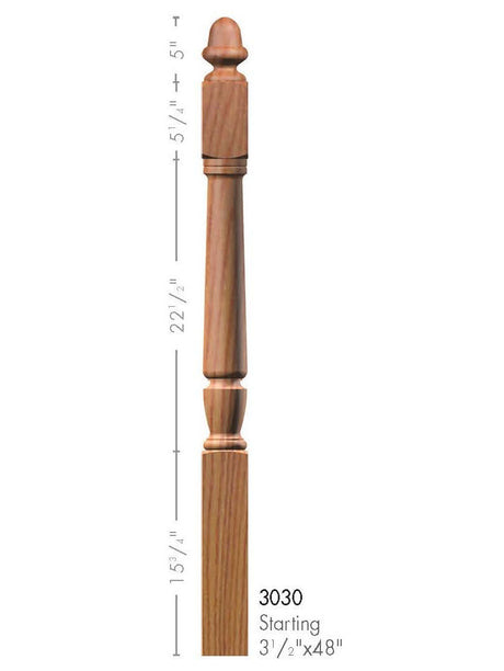 3030 Acorn Top Starting Newel Post Dimensional Information