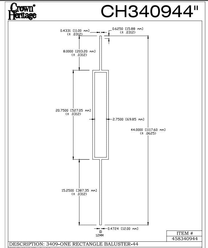3409 Rectangle Baluster, CADD Drawing