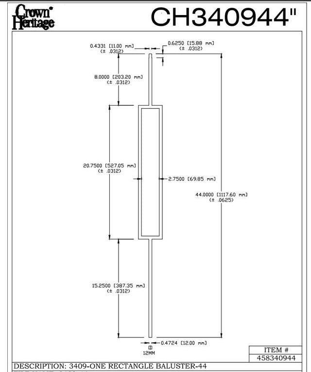 3409 Rectangle Baluster, CADD Drawing