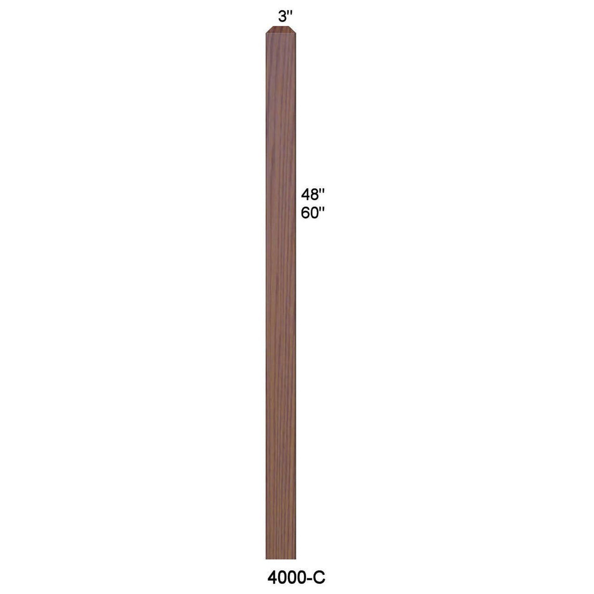 4000 60" S4S Newel with Chamfered Top Dimensional Information