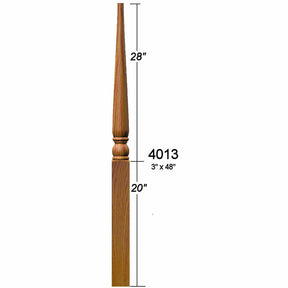 SP-4013 Red Oak Colonial Pin Top Support Newel Post, Dimensions