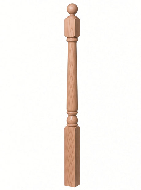 4040A 3" x 48" Ball Top Colonial Starting Newel Post, with Mushroom Top Option, American Cherry