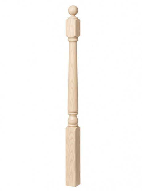 4040A 3" x 48" Ball Top Colonial Starting Newel Post, with Mushroom Top Option, Birch