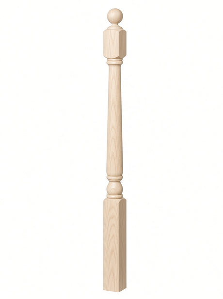 4040A 3" x 48" Ball Top Colonial Starting Newel Post, with Mushroom Top Option, Hard Maple