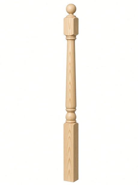 4040A 3" x 48" Ball Top Colonial Starting Newel Post, with Mushroom Top Option, Yellow Pine