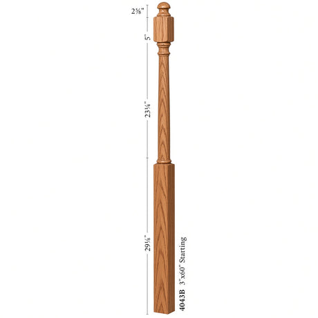 4043B 3" x 60" Mushroom Top or Ball Top Colonial Starting Newel Post, Dimensional Information