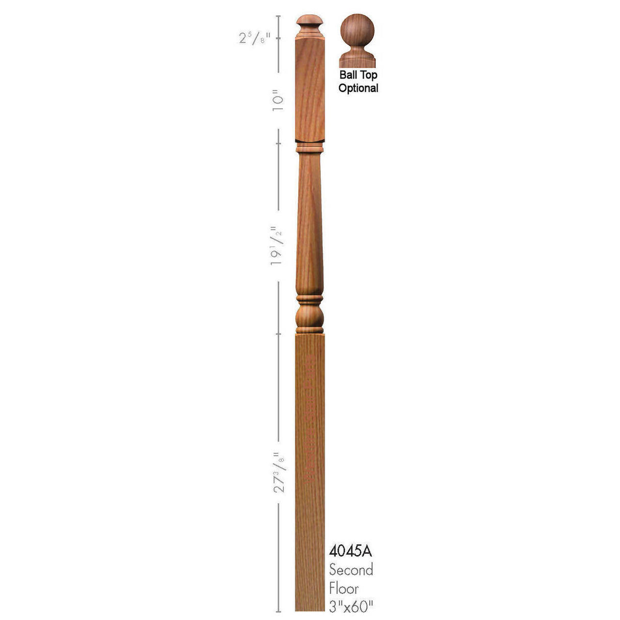 4045A Colonial Second Floor Newel Post Dimensional Information