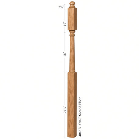 4045B 3" x 60" Mushroom Top or Ball Top Colonial Second Floor / Landing Newel Post with 10" Face, Dimensional Information