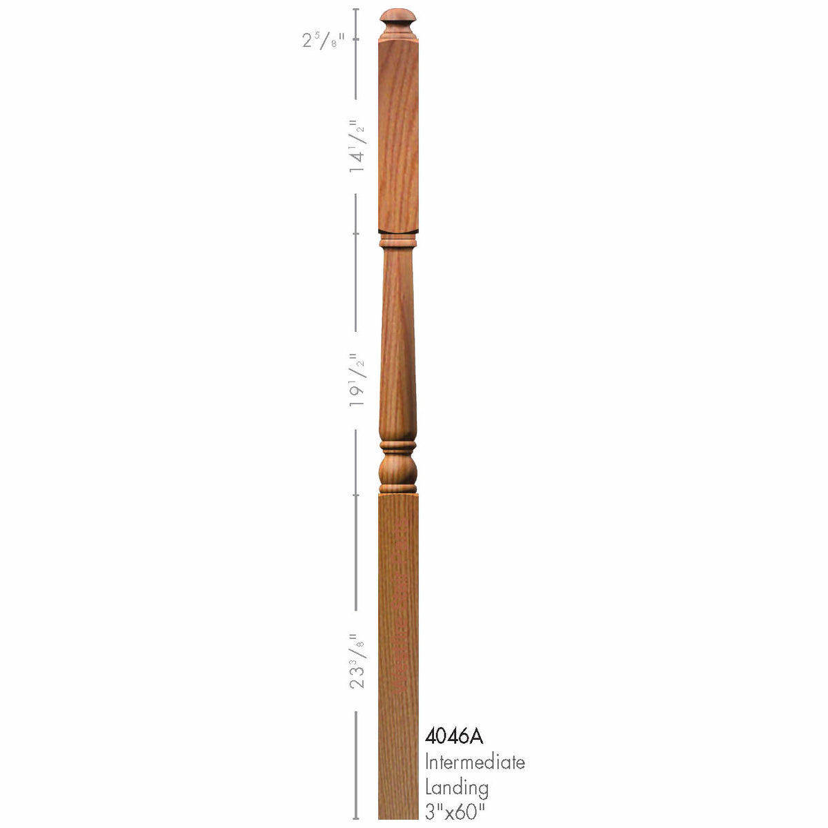 4046A 3" x 60" Colonial Interediate Landing Newel Post Dimensional Information