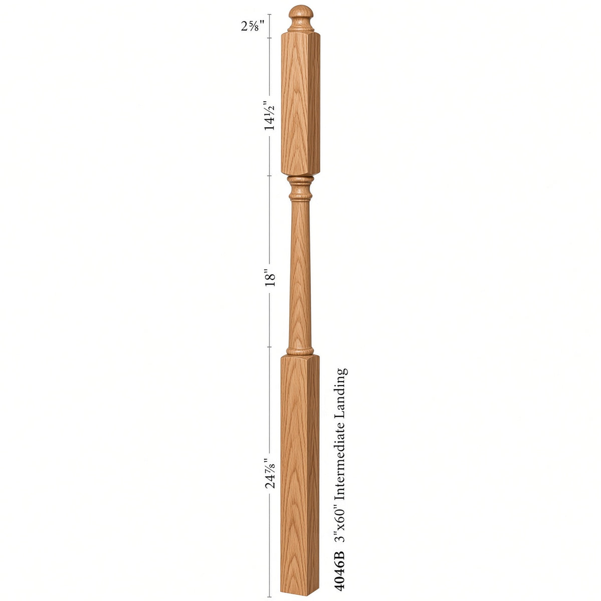 4046B 3" X 60" Mushroom Top or Ball Top Colonial Intermediate Landing Newel Post, Dimensional Information