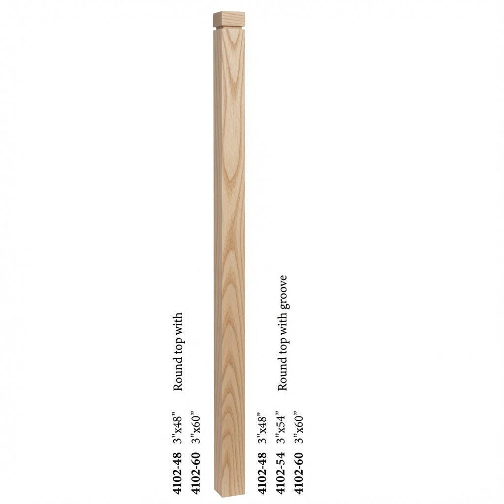 4102 3" S4S Newel Post with Rounded Top and Grooves, Ash