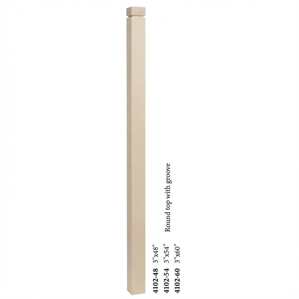 4102 3" S4S Newel Post with Rounded Top and Grooves, Hard Maple