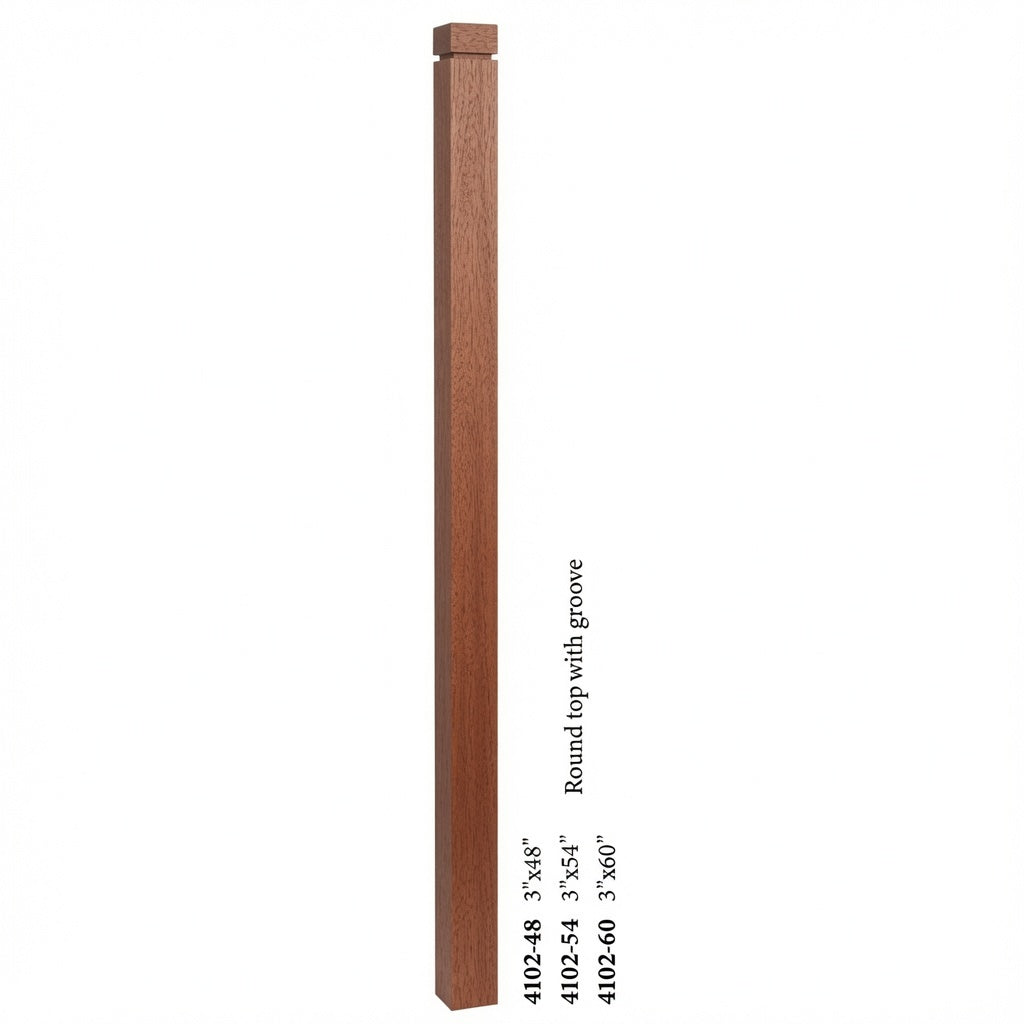 4102 3" S4S Newel Post with Rounded Top and Grooves, Mahogany