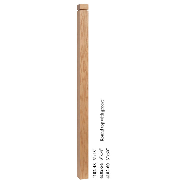 4102 3" S4S Newel Post with Rounded Top and Grooves, Red Oak