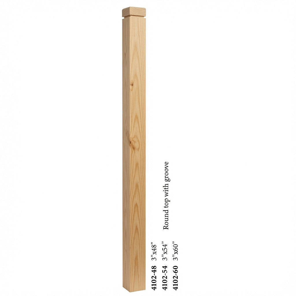 4102 3" S4S Newel Post with Rounded Top and Grooves, Yellow Pine