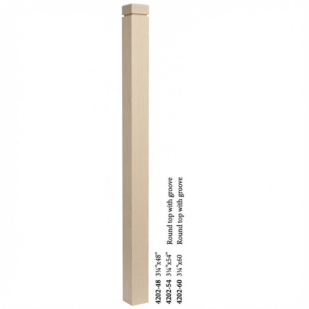 4202 3-1/4" S4S Newel Post with Rounded Top and Grooves, Hard Maple