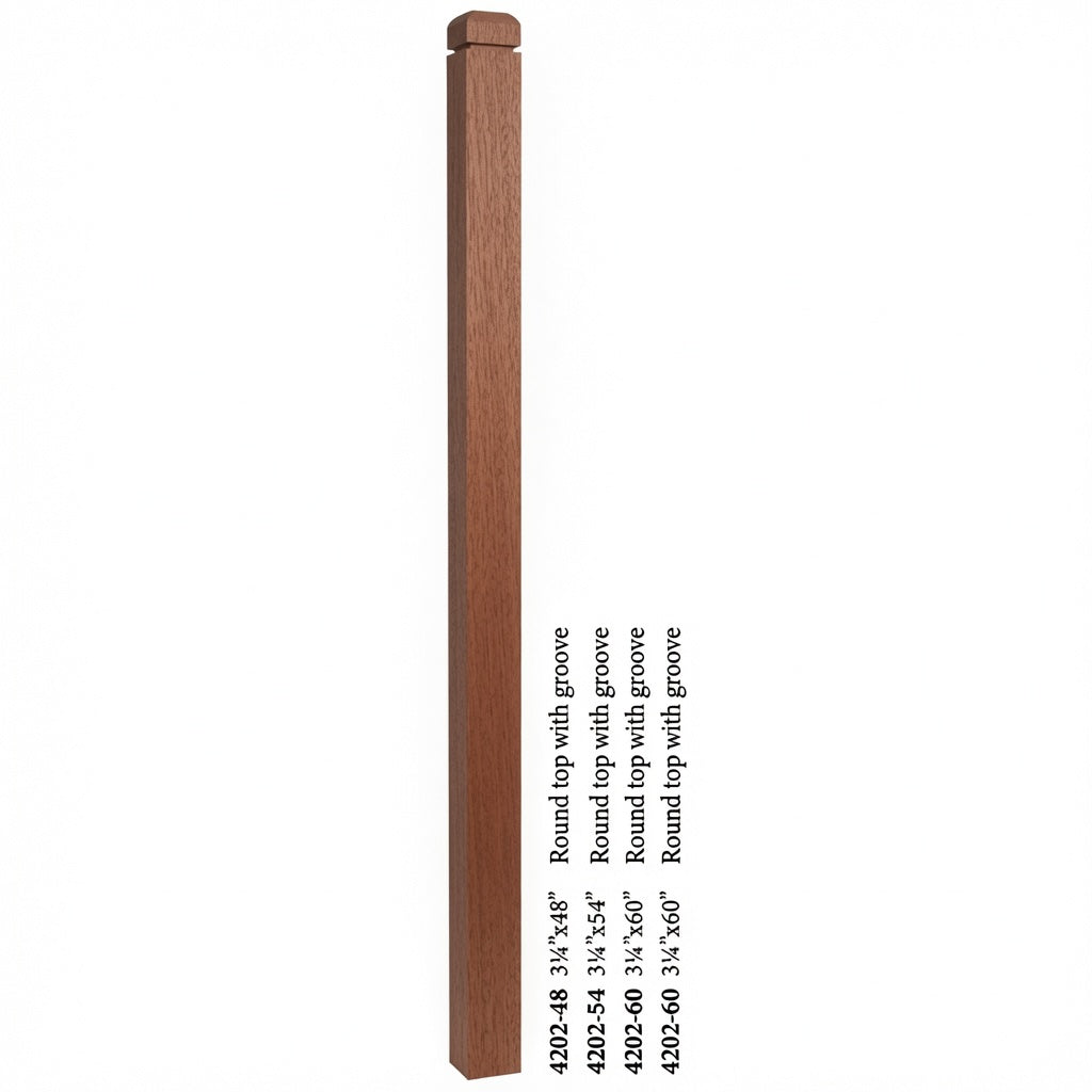 4202 3-1/4" S4S Newel Post with Rounded Top and Grooves, Mahogany