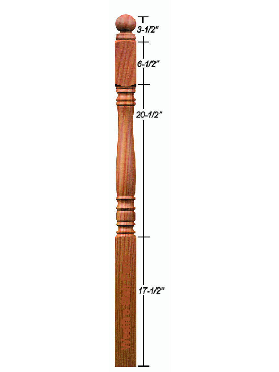 4300LT Long Turned Ball Top Starting Newel Post (Dimensional Information)
