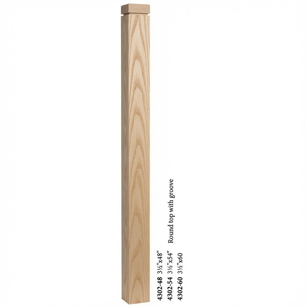 4302 3-1/2" S4S Newel Post with Rounded Top and Groove, Ash