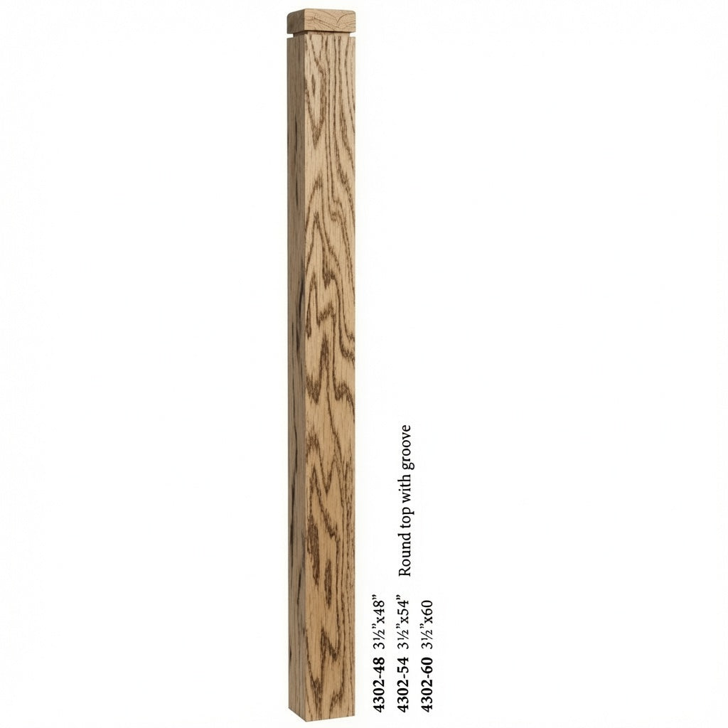 4302 3-1/2" S4S Newel Post with Rounded Top and Groove, Hickory