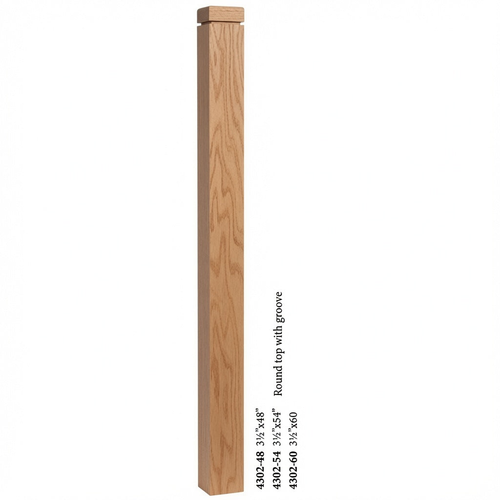 4302 3-1/2" S4S Newel Post with Rounded Top and Groove, Red Oak