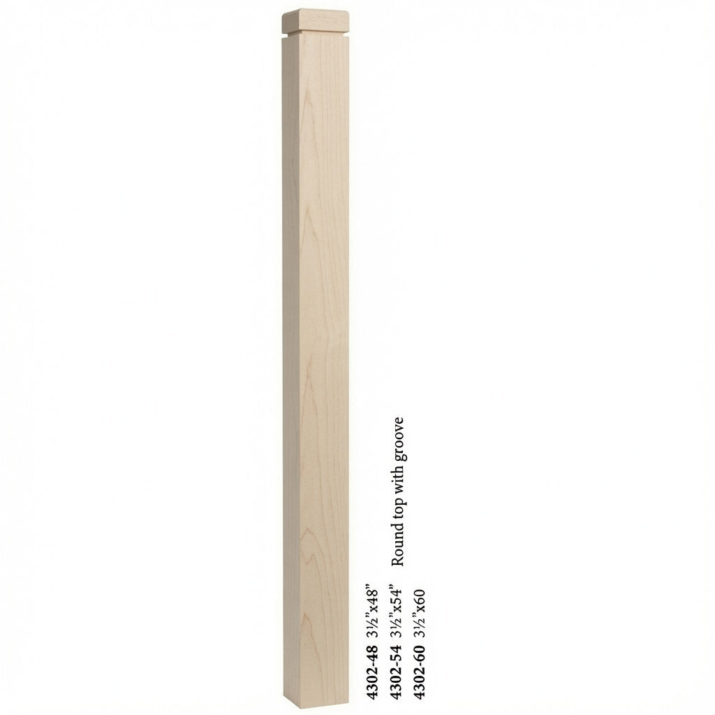 4302 3-1/2" S4S Newel Post with Rounded Top and Groove, Soft Maple