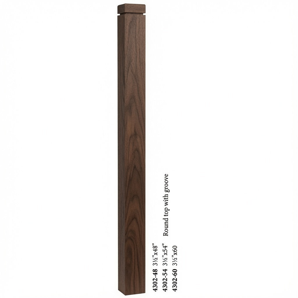 4302 3-1/2" S4S Newel Post with Rounded Top and Groove, Walnut