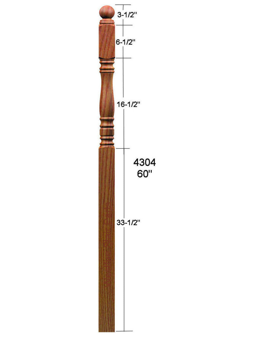 4304 Ball Top Starting Newel Post Dimensional Information